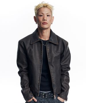 워시드 레더 크롭 자켓 - 브라운