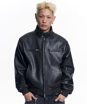 하이넥 레더 크롭 자켓 - 브라운