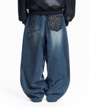 레오파드 크로스 패치 롤업 데님 팬츠 - 딥블루