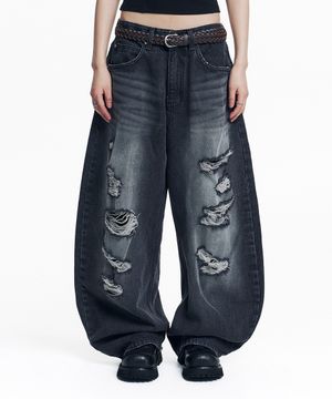 디스트로이드 커브드 데님 팬츠 - 블랙