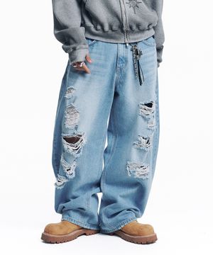 디스트로이드 커브드 데님 팬츠 - 라이트블루