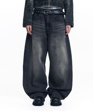 커브드 웨스턴 스터드 데님 팬츠 - 블랙