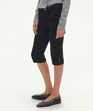 스터드 포인트 더블 카고 우먼즈 바이커 코튼 팬츠 [블랙]