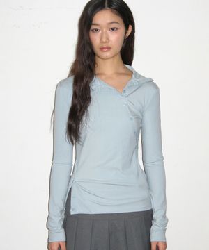 더블 버튼 인시전 베이직 하이넥 데일리 슬림 핏 롱슬리브 티셔츠 _ 3COLOR