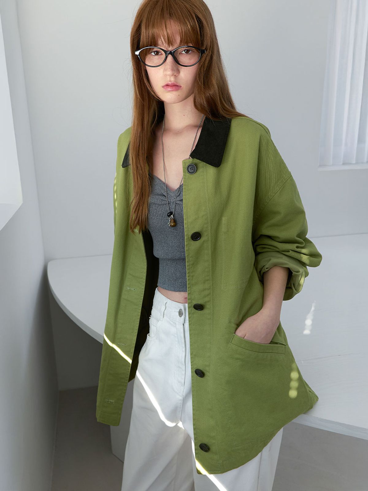 아틀리에 나인(ATELIER NAIN) STITCH COUDUROY COLLAR OLIVE JACKET (CT-1478)