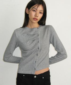 사선 언발란스 핀턱 셔링 버튼 라운드넥 긴팔 니트 가디건_ 2COLOR