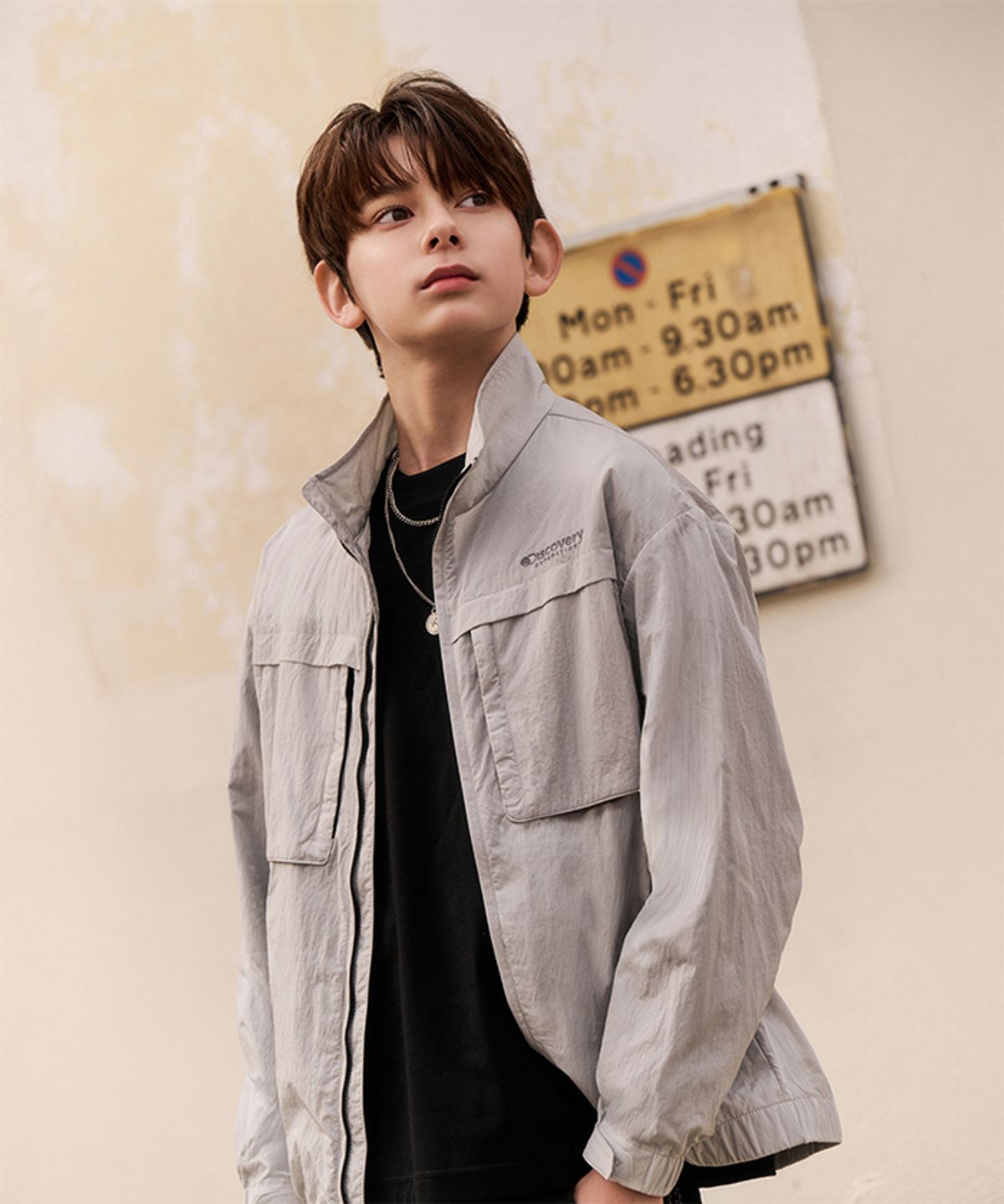 디스커버리 키즈(DISCOVERY KIDS) 키즈 하이넥 오버핏 우븐 자켓 (L/SILVER)