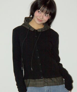 체크 프릴 레이어드 후드 스트링 롱 슬리브 가디건_2COLOR