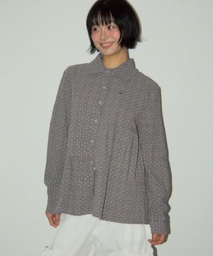 도트 언발란스 프릴 레이어드 러블리 긴팔 블라우스 셔츠 [그레이]