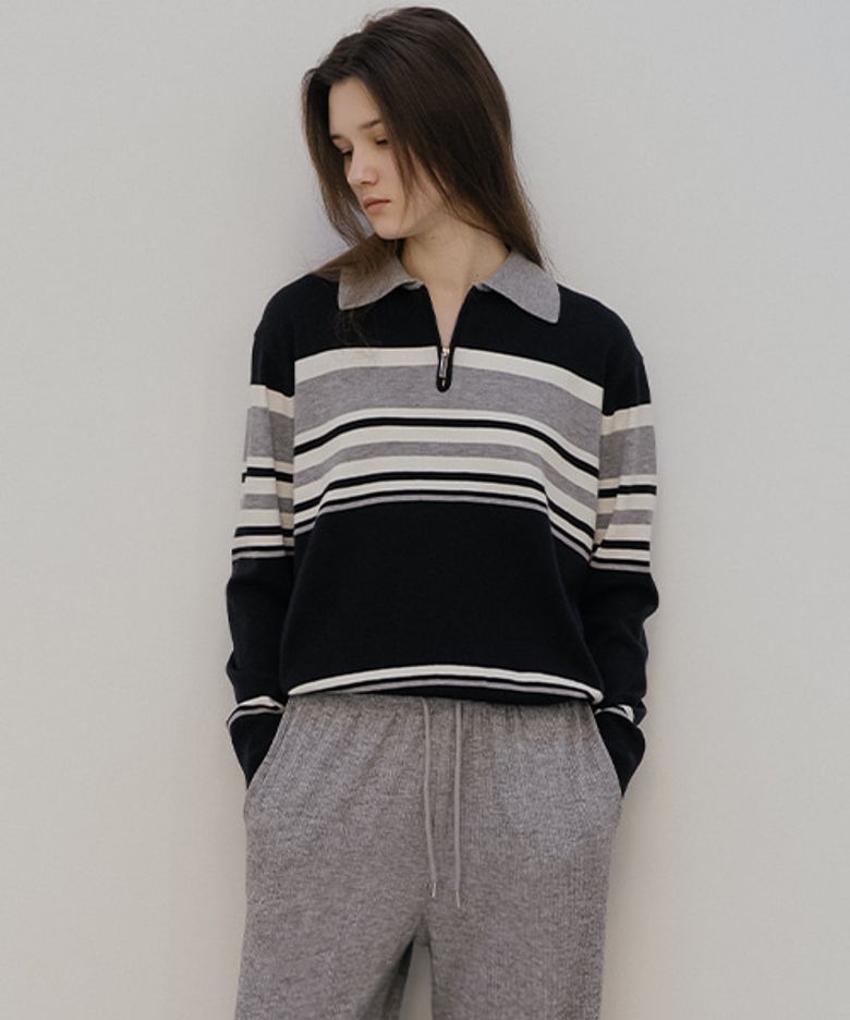 Stripe half zip up knit [TISP05SW05]_Dark navy