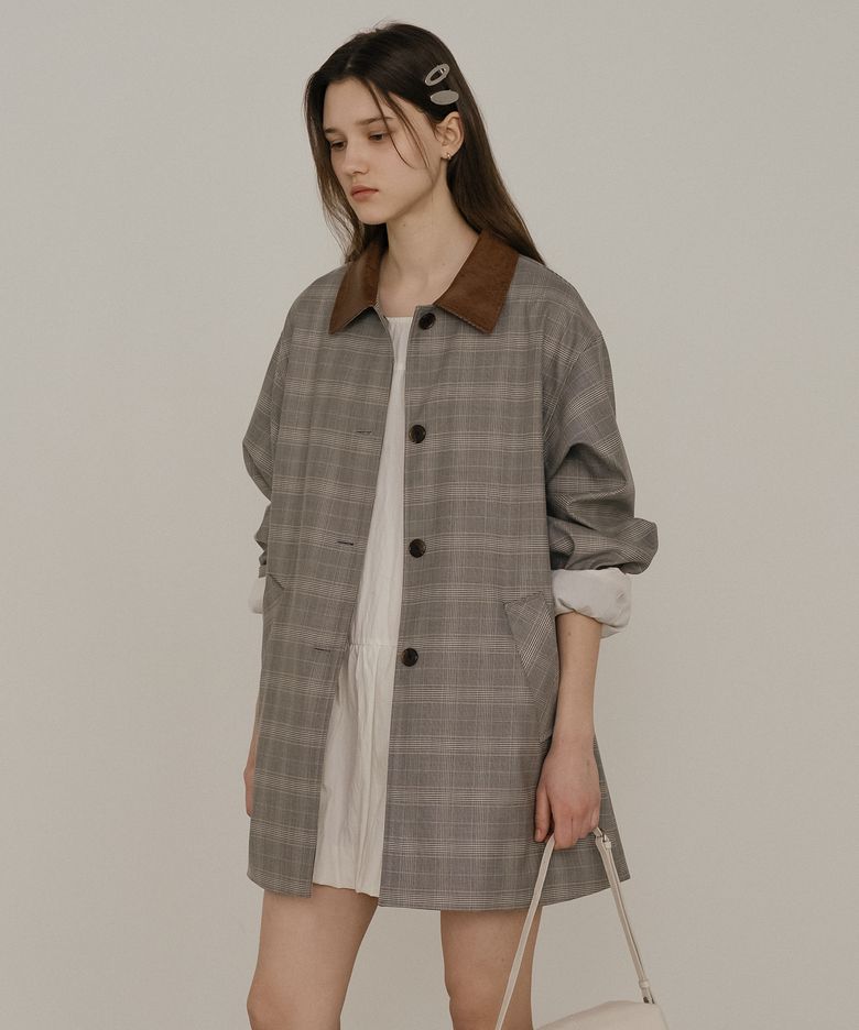 Leather point check trench coat [TISP05CT03]_Gray