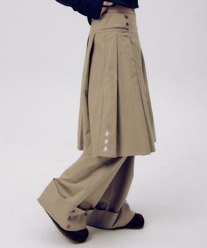 888 플리츠 미디 스커트 레이어드 스냅 롤업 와이드 투피스 세트 [베이지]