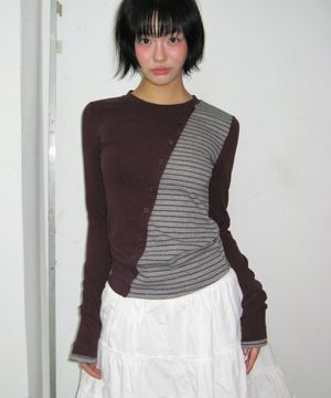 스트라이프 배색 사선 더블 스냅 포인트 롱 슬리브 긴팔 티셔츠 _ 3COLOR