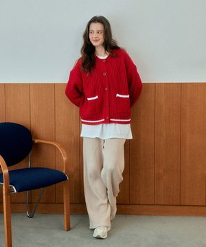 [ADULT] 롤리 배색 니트 가디건_레드