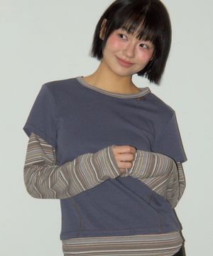 스트라이프 배색 스티치 포인트 레이어드 롱 슬리브 티셔츠 [네이비]