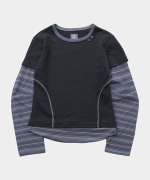 스트라이프 배색 스티치 포인트 레이어드 롱 슬리브 티셔츠 [차콜]