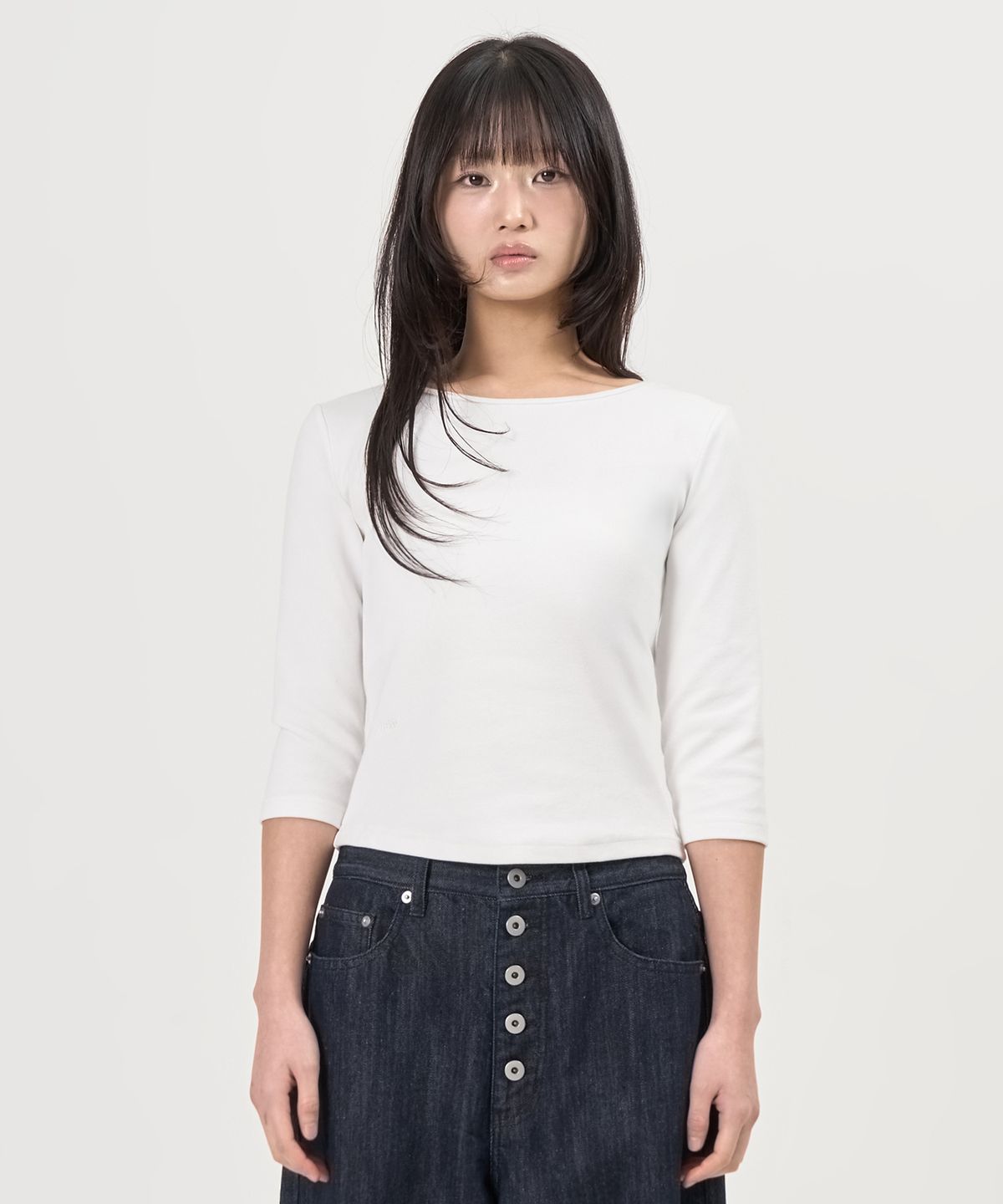 페플리(PEPLEE) Boat Neck 3/4 Sleeve Tee (White)