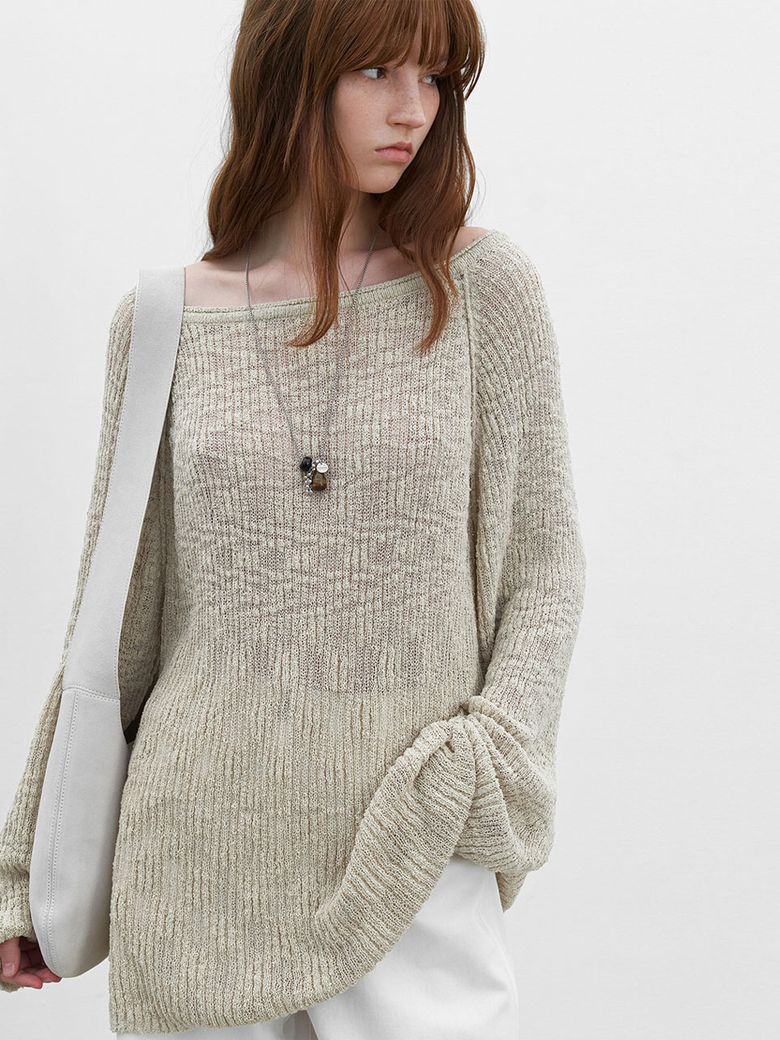 SLUB YARN BOLD RIBBED ONE OFF SHOULDER KNIT (T-7187)