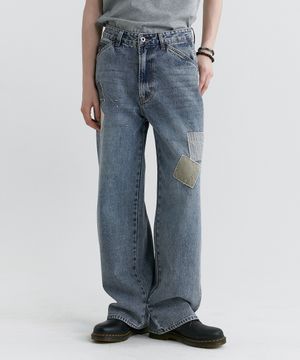 파번 7563 패치워크 와이드핏 라이트인디고 데님팬츠