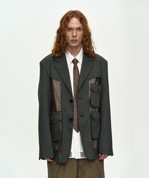 MULTI POCKET SHEER TAILORED JACKET awa749m(BLACK/GREEN)