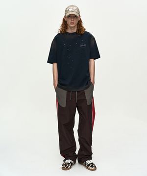 UNISEX COLOR BLOCK NYLON TRACK PANTS apa876u(RED/BROWN)