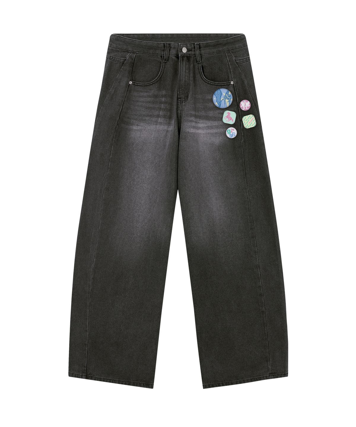 그레이버(GRAVER) [UNISEX]STAR + BADGE 와이드 커브드 진_Washed Black
