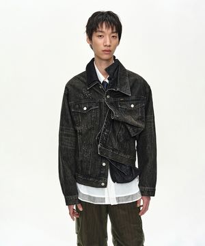 UNISEX ASYMMETRIC LAYERED BEADS DENIM JACKET awa762u(BLACK)