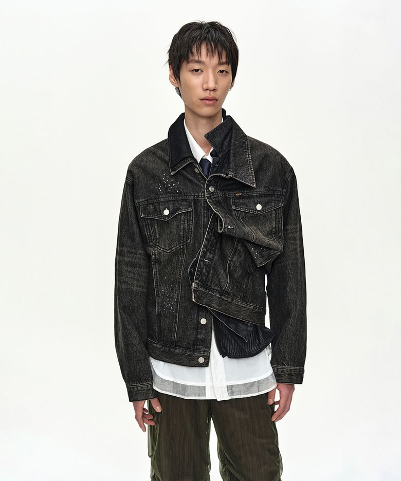 UNISEX ASYMMETRIC LAYERED BEADS DENIM JACKET awa762u(BLACK)