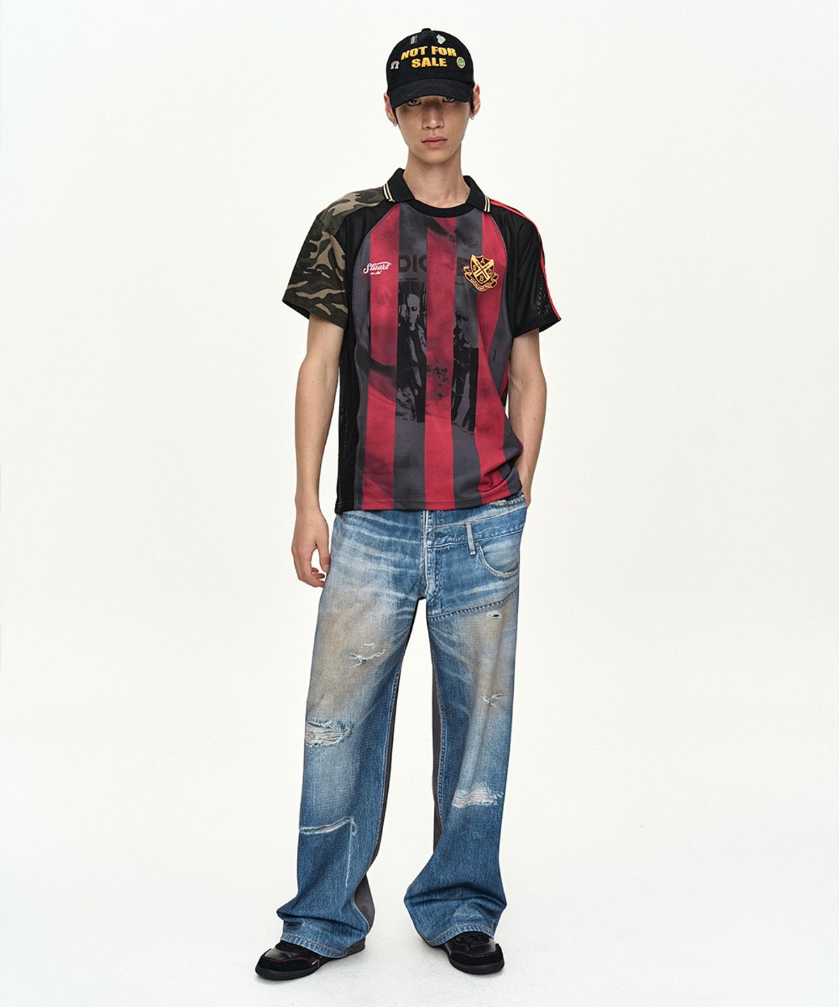 앤더슨벨(ADSB ANDERSSON BELL) DENIM & CARGO TROMPE LOEIL MESH PANTS apa922u(MID BLUE/KHAKI)