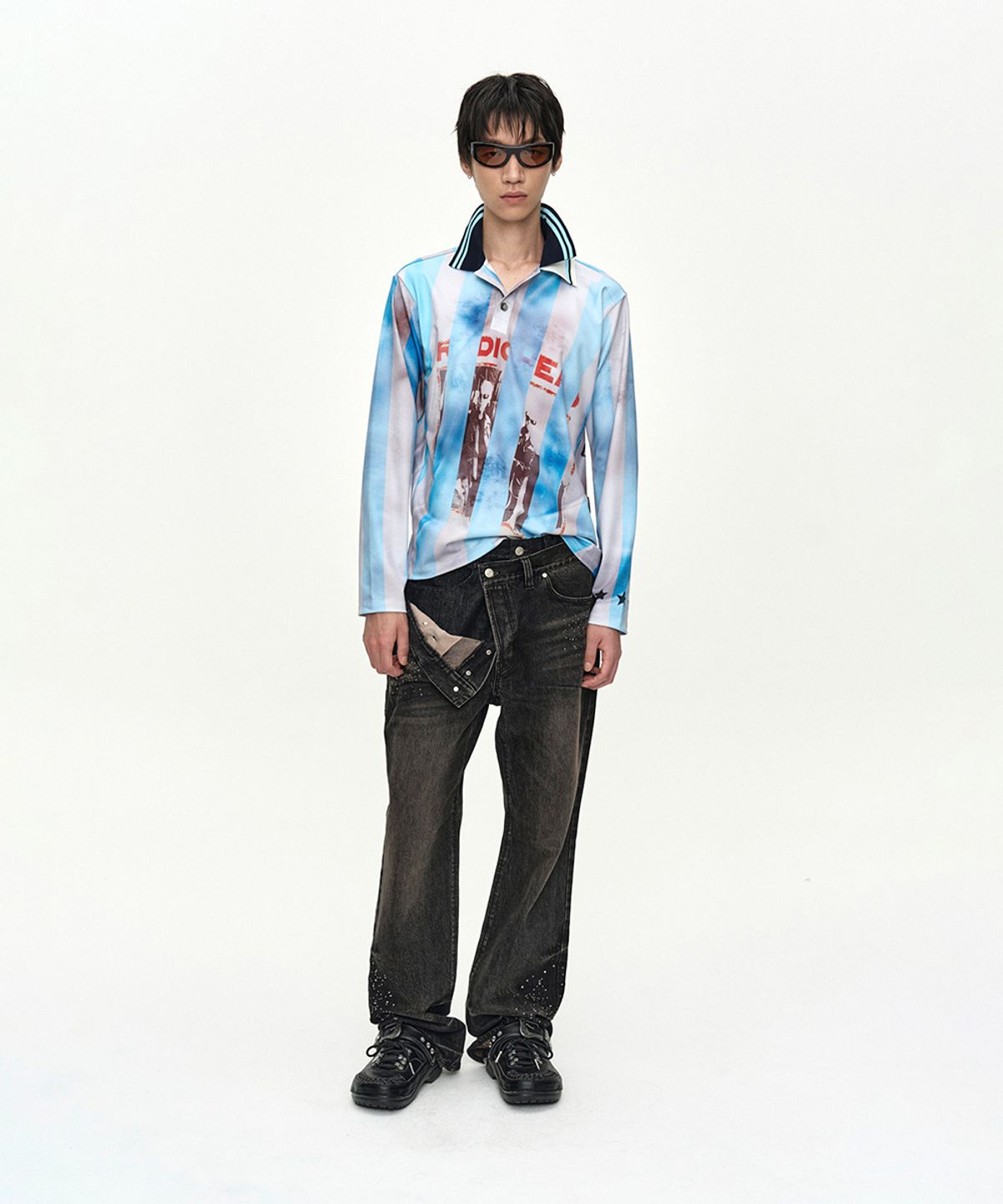 앤더슨벨(ADSB ANDERSSON BELL) UNISEX ASYMMETRIC LAYERED HOT-FIX WIDE-LEG JEANS apa912u(BLACK)