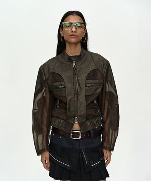 KELLY FAUX-LEATHER & SHEER RIDER JACKET awa758w(KHAKI)