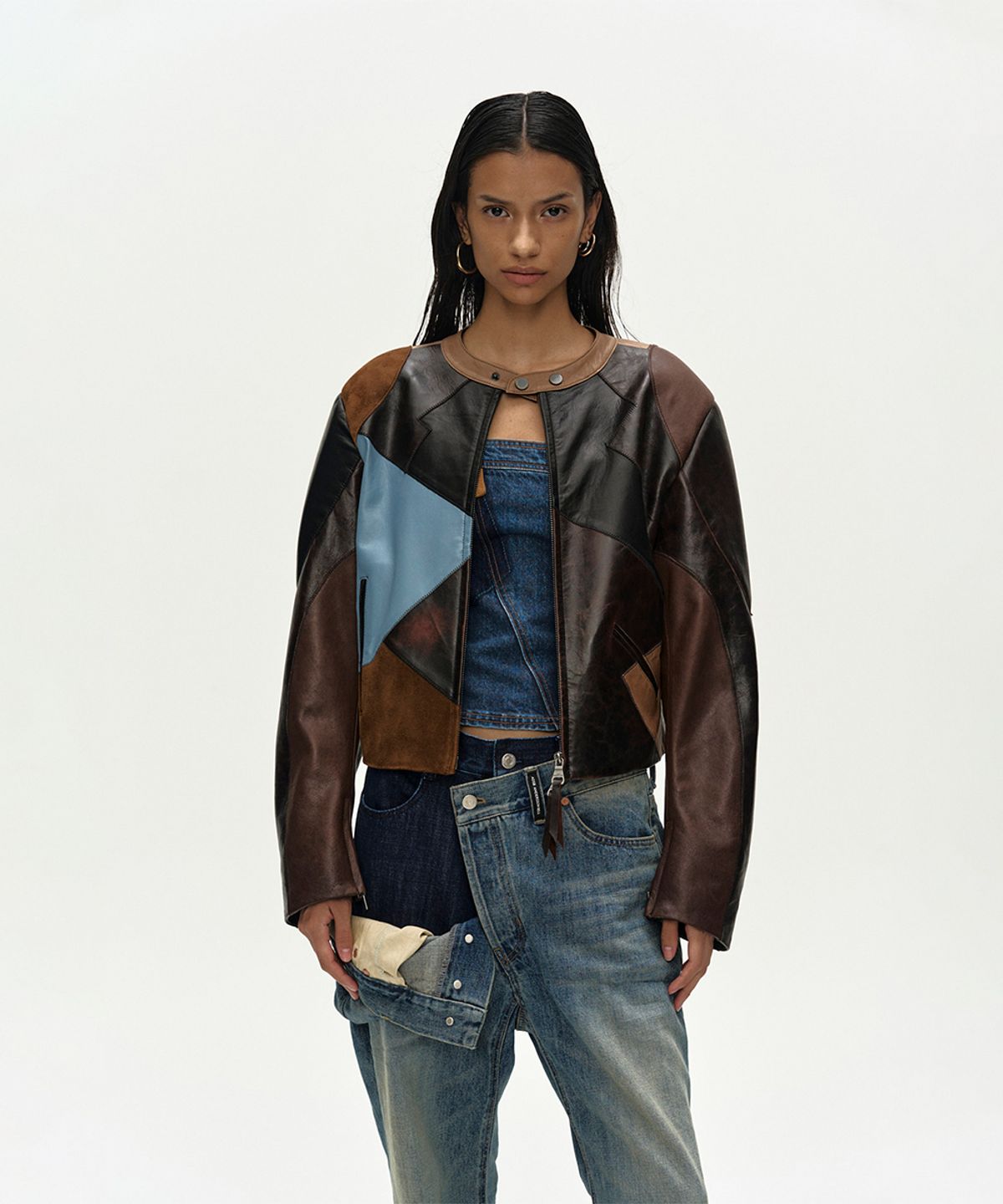 앤더슨벨(ADSB ANDERSSON BELL) LEATHER PATCHWORK BIKER JACKET awa757w(DARK BROWN)