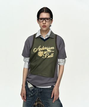 LACE TRIMMED POLO JERSEY TOP atb1488w(GREY/KHAKI)