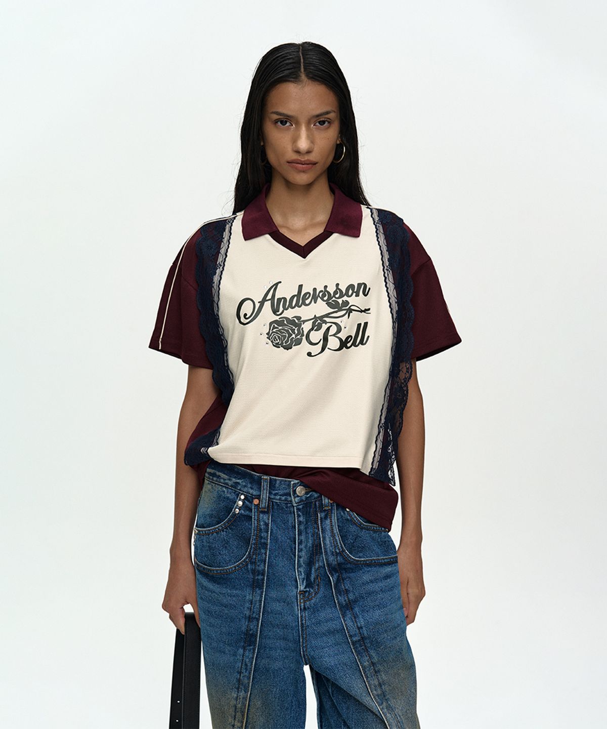 앤더슨벨(ADSB ANDERSSON BELL) LACE TRIMMED POLO JERSEY TOP atb1487w(WINE/LIGHT YELLOW)