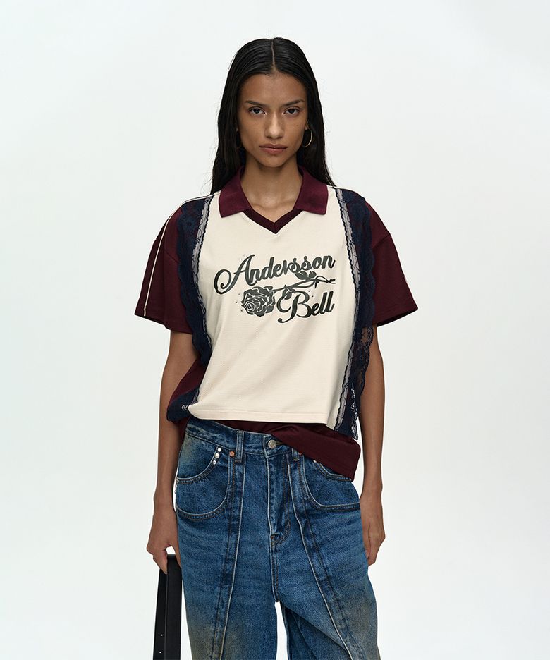 LACE TRIMMED POLO JERSEY TOP atb1487w(WINE/LIGHT YELLOW)