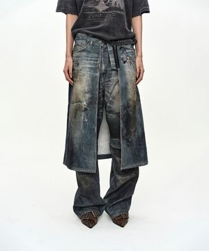 DENIM TROMPE-LOEIL GRAPHIC WRAP SKIRT apa918w(MID BLUE)