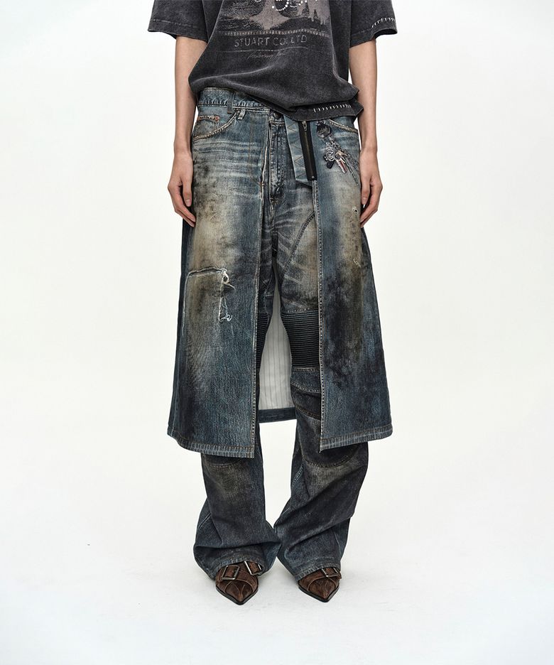 DENIM TROMPE-LOEIL GRAPHIC WRAP SKIRT apa918w(MID BLUE)