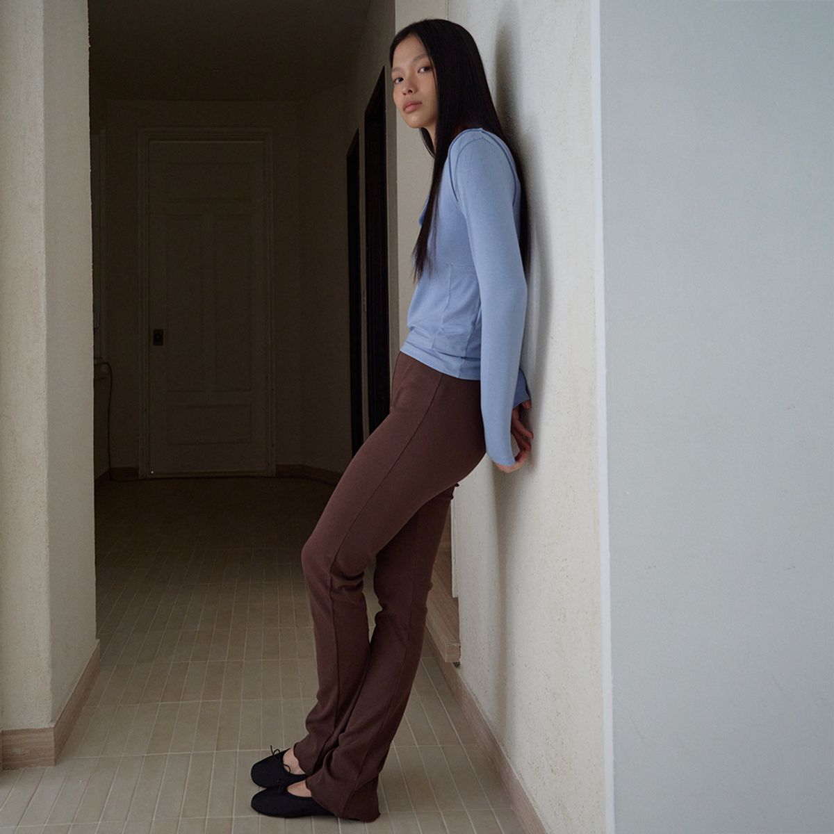 노우드(NOEUD) Rib Button Leggings Pants (Brown)