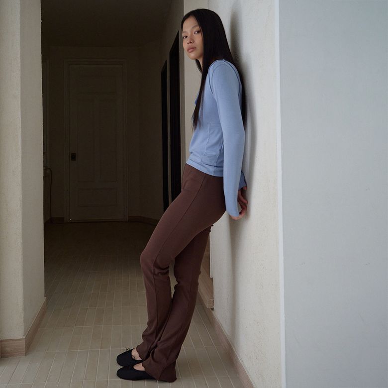 Rib Button Leggings Pants (Brown)