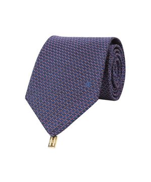 실크혼방 지오메트릭 체크 패턴 올오버 넥타이 네이비