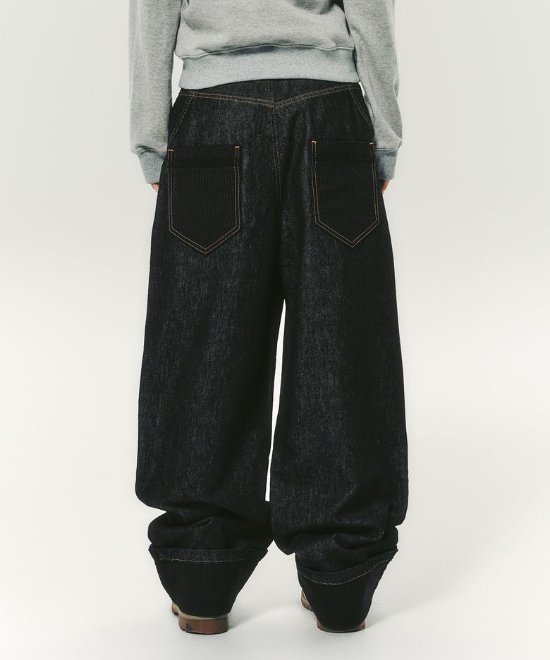 LACE ROLL UP DENIM PANTS BLACK