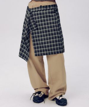 체크 랩 스커트 레이어드 베이직 코튼 와이드 팬츠 세트 [베이지]