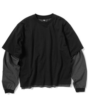 스트라이프 레이어드 긴팔티 세트 - 블랙/차콜