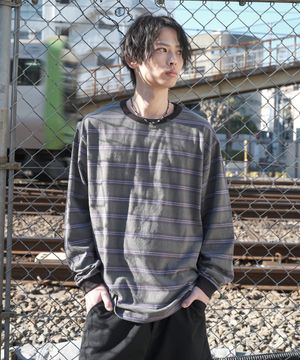 피그먼트 스트라이프 링거 긴팔 티셔츠 - 차콜