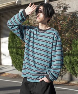 피그먼트 스트라이프 링거 긴팔 티셔츠 - 블루