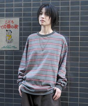 피그먼트 스트라이프 링거 긴팔 티셔츠 - 핑크