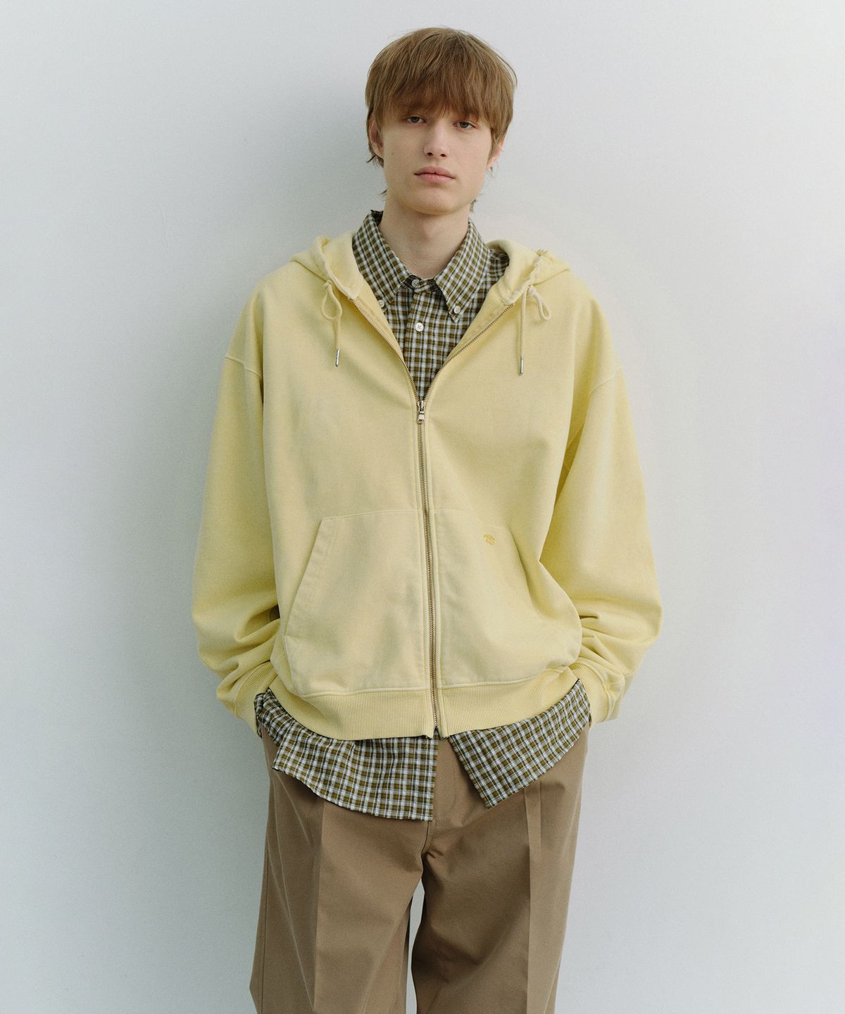 던스트 포 맨(DUNST FOR MEN) GARMENT DYED ZIP-UP HOODIE_UNISEX_UDTS6A114_VANILLA YELLOW