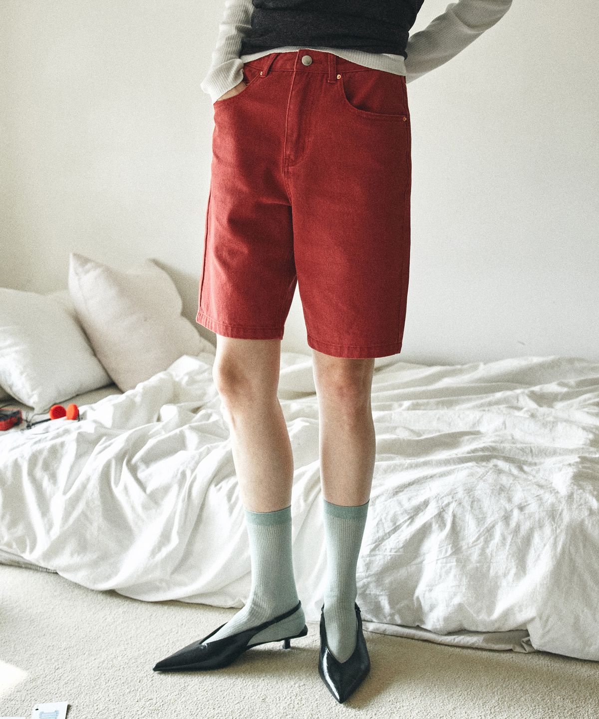 반원 아틀리에(VANONE ATELIER) P3281 워시드 버뮤다 팬츠_Red