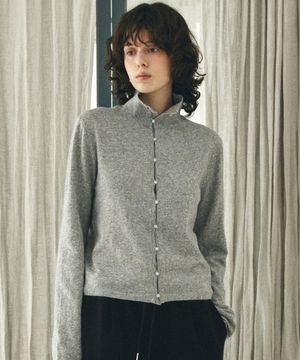 KN4282 울 블렌드 하이넥 카디건_Melange gray