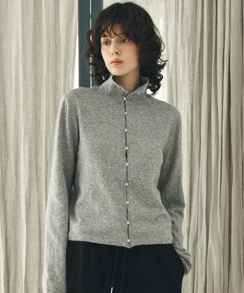 KN4282 울 블렌드 하이넥 카디건_Melange gray